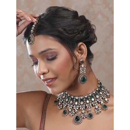 Auraa Trends Gold and Green Wedding Necklace with Earrings and Maangtika
