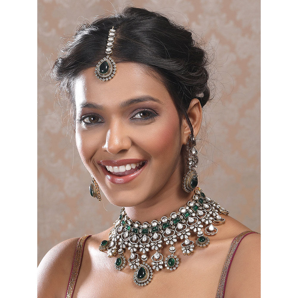 Auraa Trends Gold and Green Wedding Necklace with Earrings and Maangtika