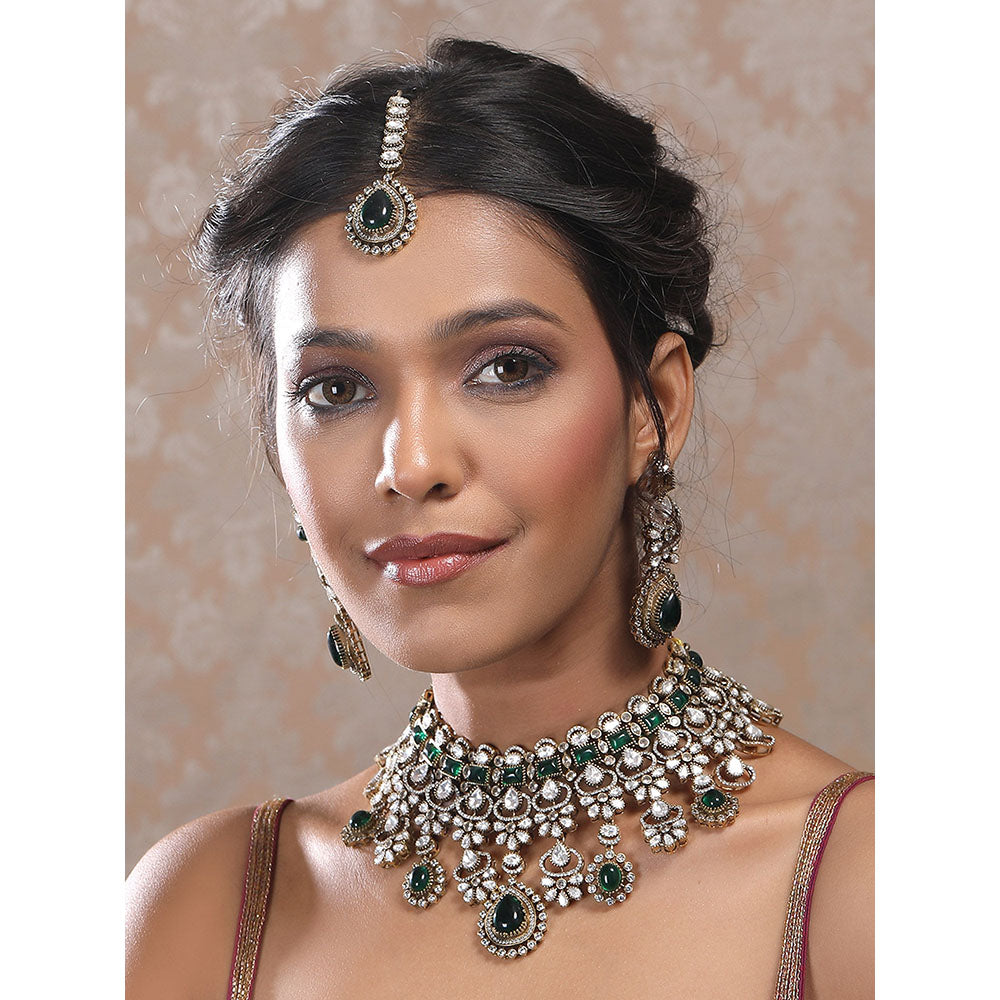 Auraa Trends Gold and Green Wedding Necklace with Earrings and Maangtika