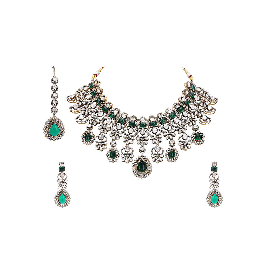 Auraa Trends Gold and Green Wedding Necklace with Earrings and Maangtika