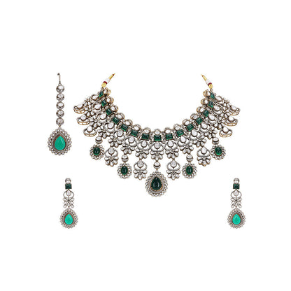 Auraa Trends Gold and Green Wedding Necklace with Earrings and Maangtika