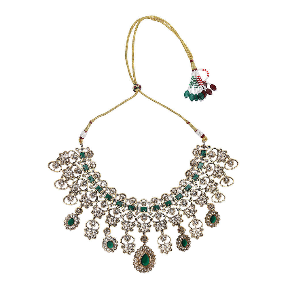 Auraa Trends Gold and Green Wedding Necklace with Earrings and Maangtika