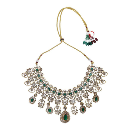Auraa Trends Gold and Green Wedding Necklace with Earrings and Maangtika