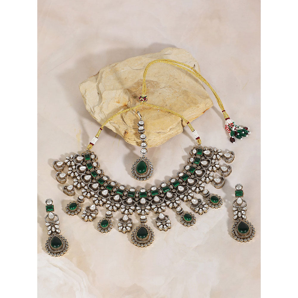Auraa Trends Gold and Green Wedding Necklace with Earrings and Maangtika