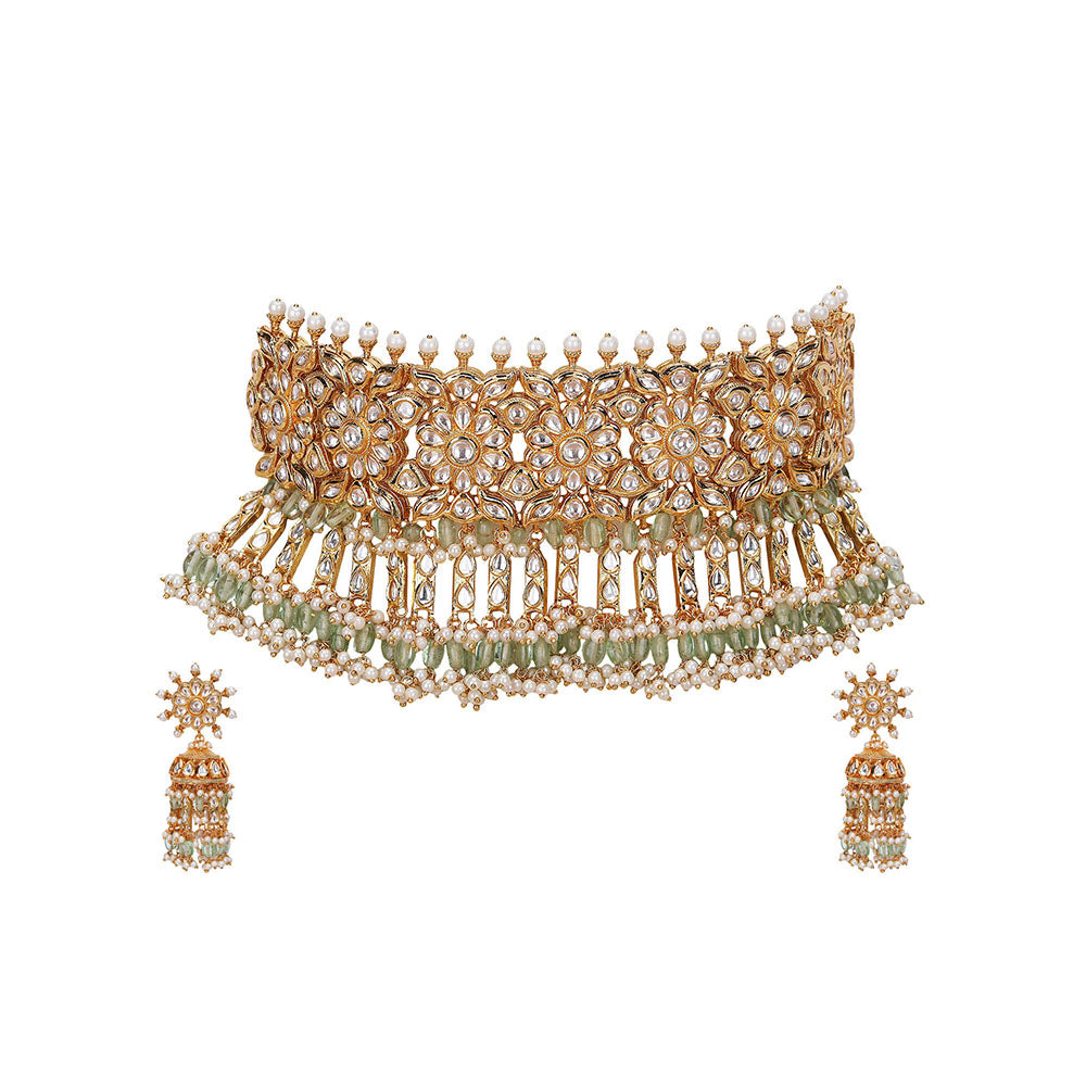 Auraa Trends Green and Gold Necklace with Earrings