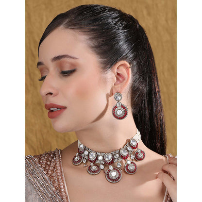 Auraa Trends Maroon Beads Dazzling Stones Choker Necklace and Earrings