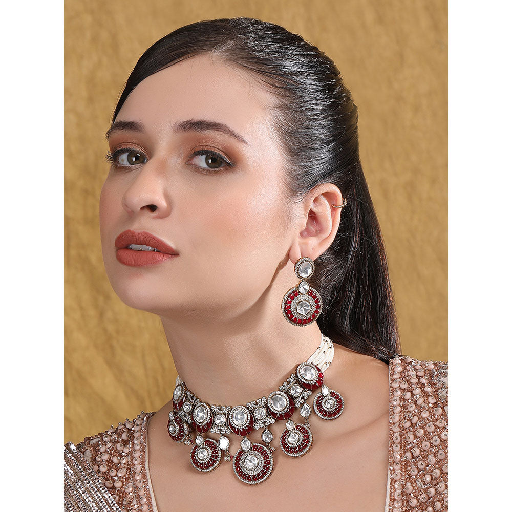 Auraa Trends Maroon Beads Dazzling Stones Choker Necklace and Earrings