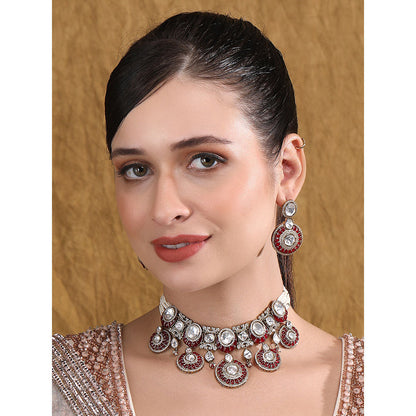 Auraa Trends Maroon Beads Dazzling Stones Choker Necklace and Earrings