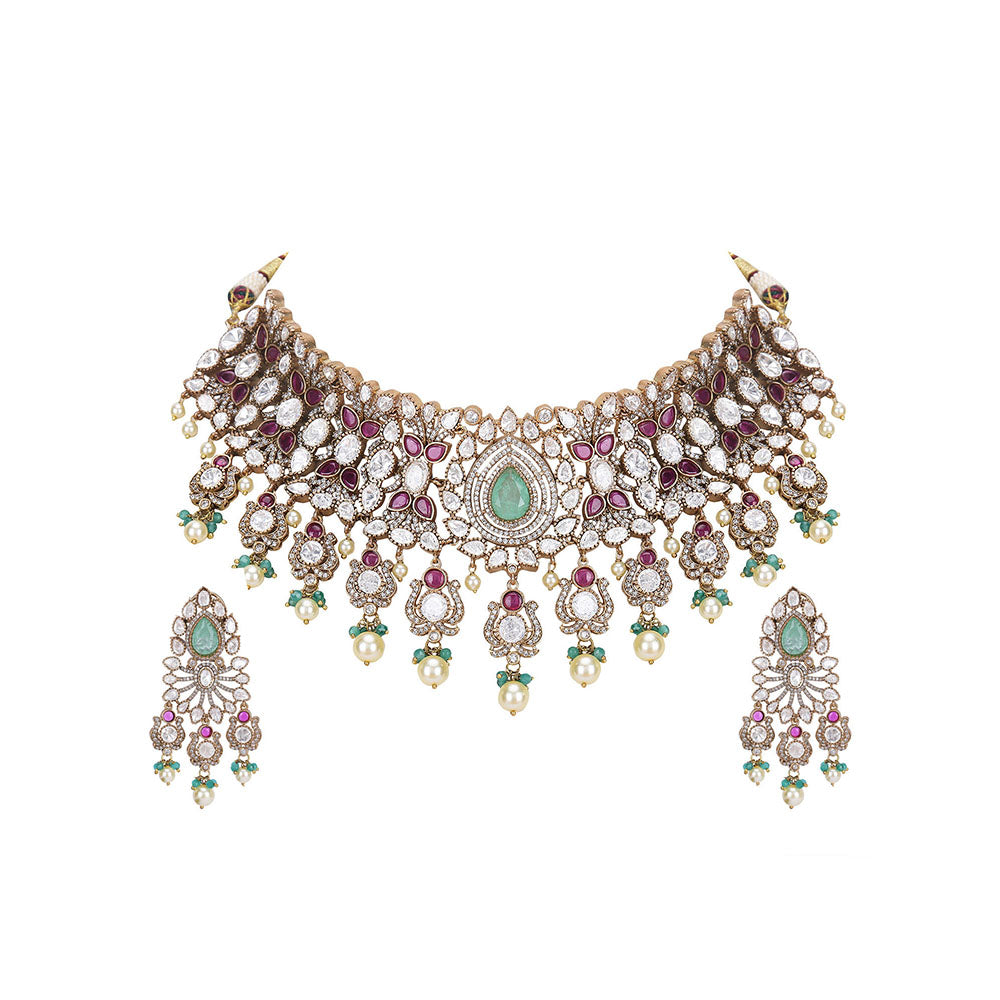 Auraa Trends Multi-Color Stone Bridal Necklace with Earrings and Maangtika