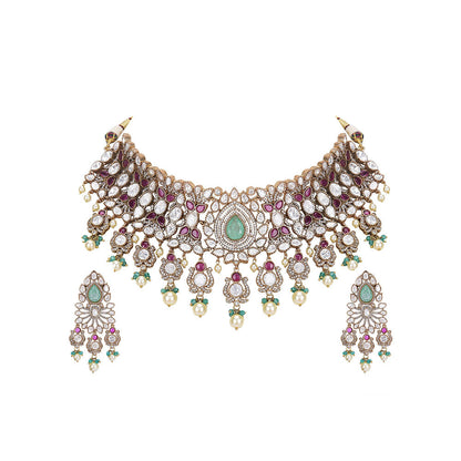 Auraa Trends Multi-Color Stone Bridal Necklace with Earrings and Maangtika