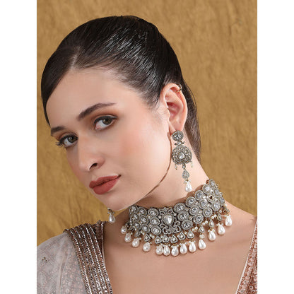 Auraa Trends Women White Stone Choker Necklace with Earrings