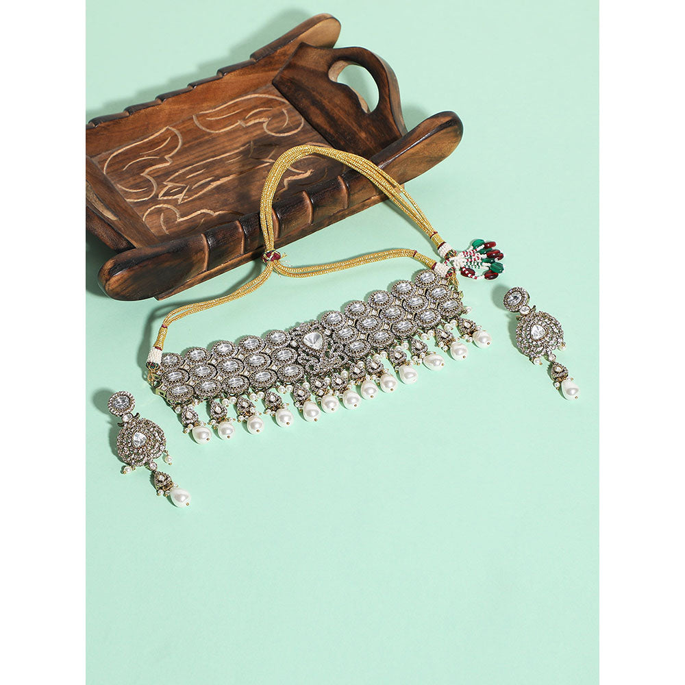 Auraa Trends Women White Stone Choker Necklace with Earrings