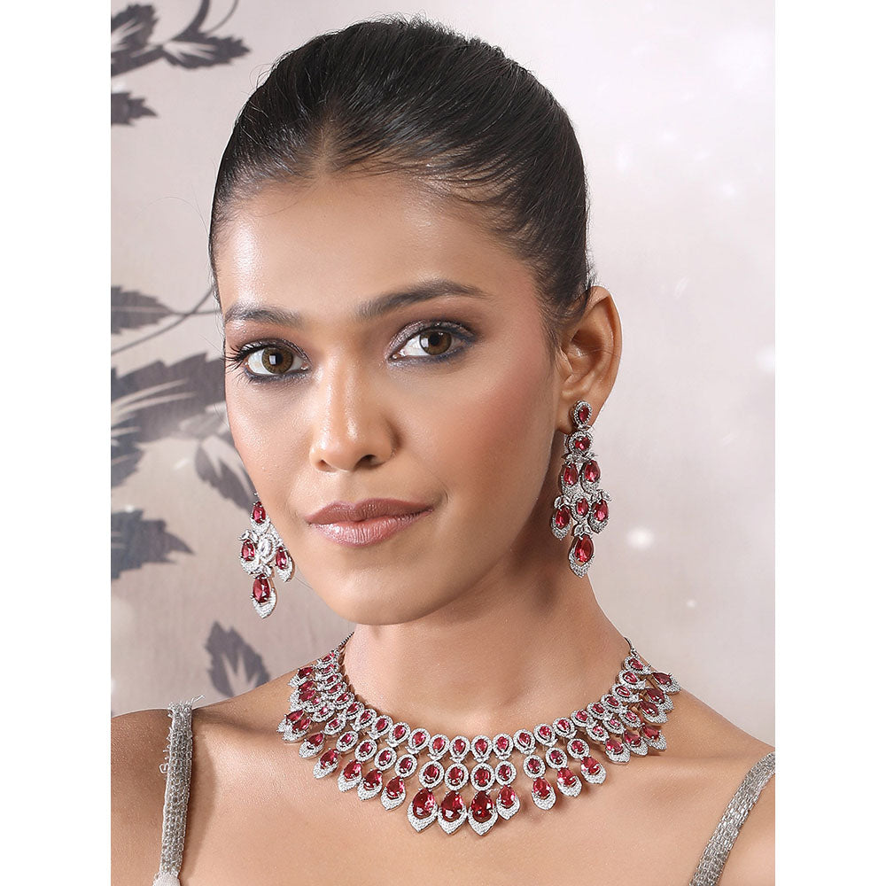 Auraa Trends Woman Red Silver Color Necklace with Earrings Set