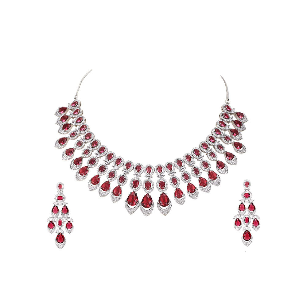 Auraa Trends Woman Red Silver Color Necklace with Earrings Set