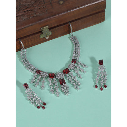 Auraa Trends Red and Silver Necklace with Earrings