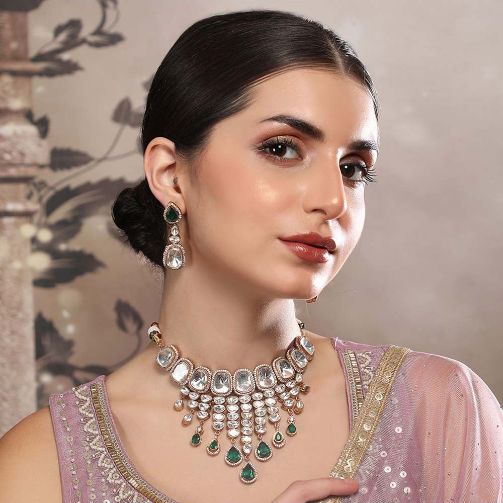 Auraa Trends Grand Polki and Emerald Choker Necklace Set