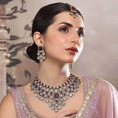 Auraa Trends Exquisite Ruby Red and Polki Bridal Necklace Set