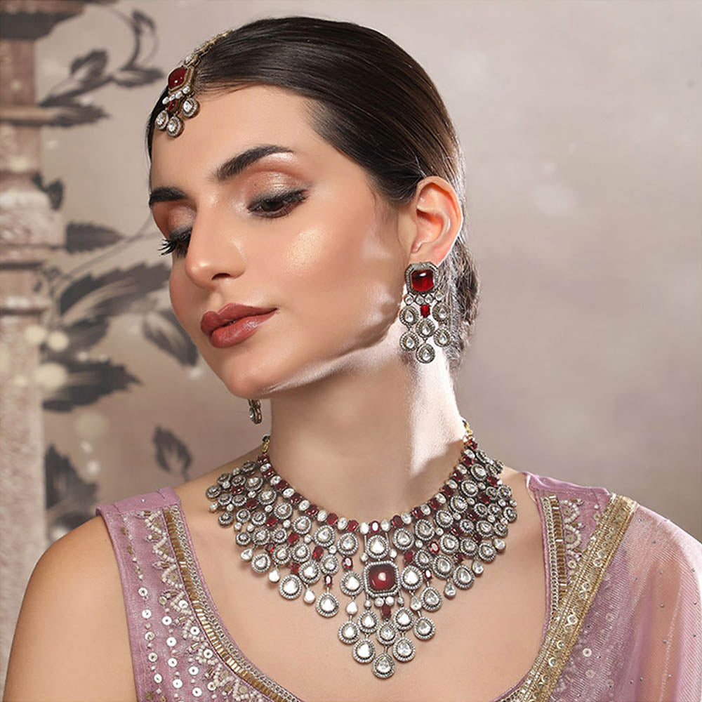 Auraa Trends Exquisite Ruby Red and Polki Bridal Necklace Set