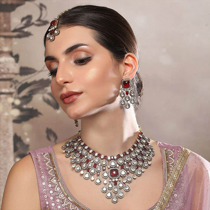 Auraa Trends Exquisite Ruby Red and Polki Bridal Necklace Set