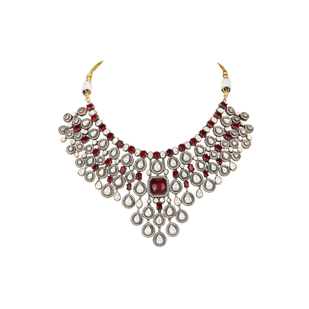 Auraa Trends Exquisite Ruby Red and Polki Bridal Necklace Set