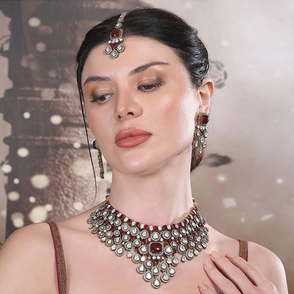 Auraa Trends Exquisite Ruby Red and Polki Bridal Necklace Set