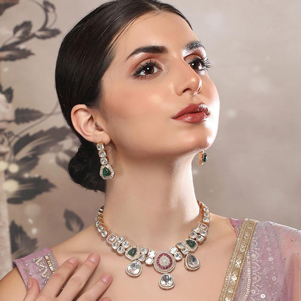 Auraa Trends Elegant Polki Ruby and Emerald Accents Necklace Set