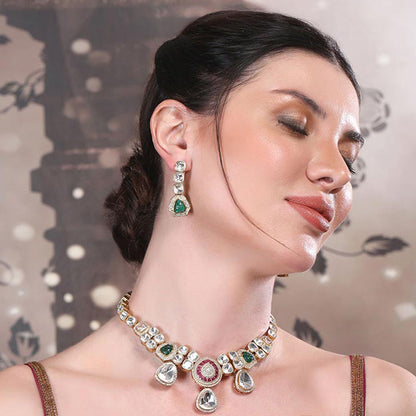 Auraa Trends Elegant Polki Ruby and Emerald Accents Necklace Set