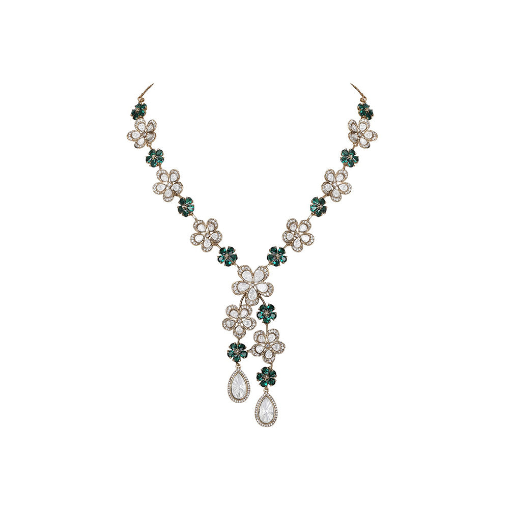 Auraa Trends Green Elegant Floral Diamond-Cut Necklace Set