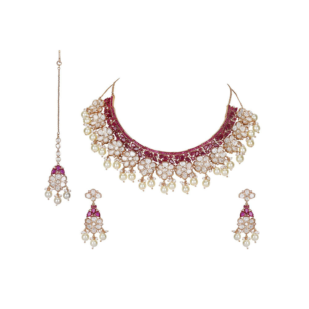 Auraa Trends Elegant Pink Kundan Stones Bridal Necklace Set