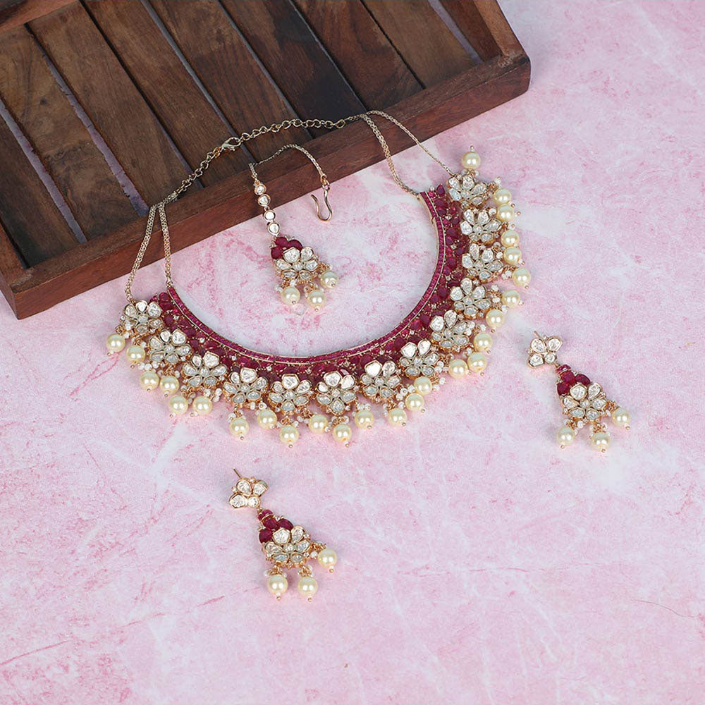 Auraa Trends Elegant Pink Kundan Stones Bridal Necklace Set
