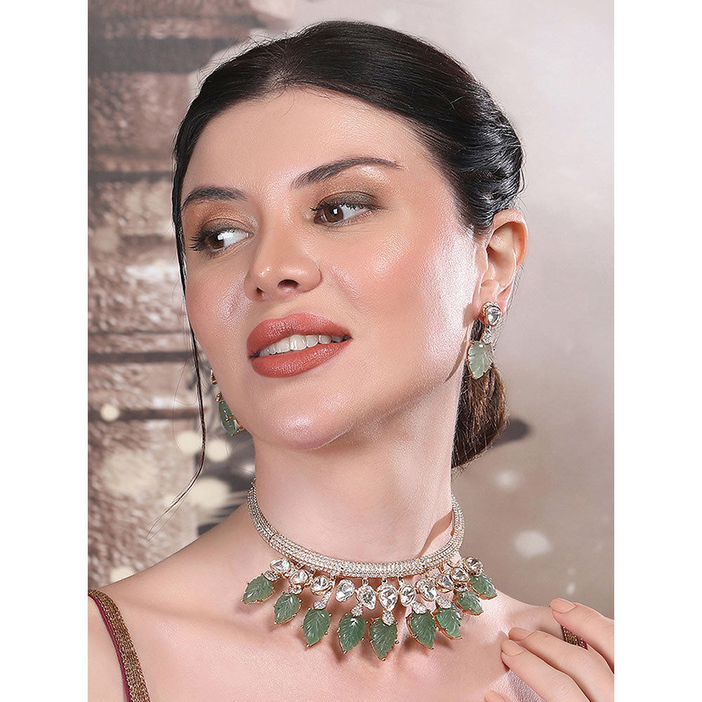 Auraa Trends Green Leaf Motifs and Crystal Accents Green Gold Plated Necklace with Earrings