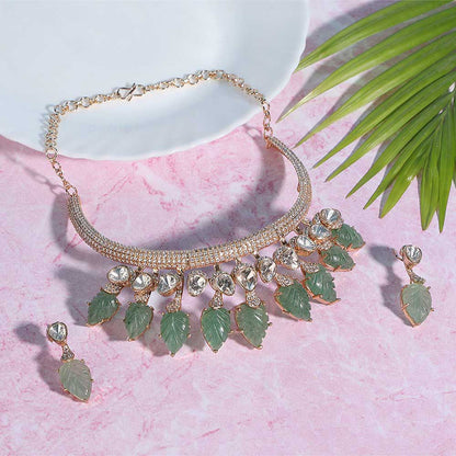 Auraa Trends Green Leaf Motifs and Crystal Accents Green Gold Plated Necklace with Earrings