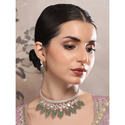 Auraa Trends Green Leaf Motifs and Crystal Accents Green Gold Plated Necklace with Earrings