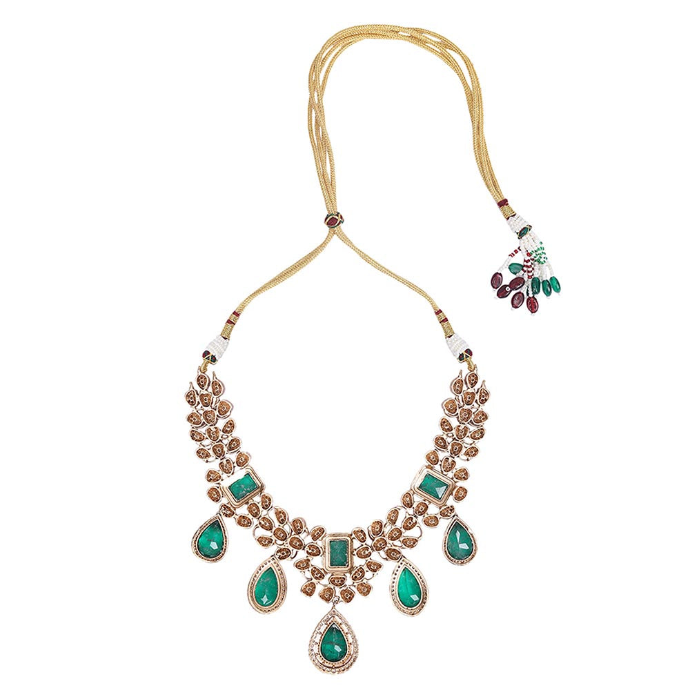 Auraa Trends Luxurious Emerald Green and Crystal Kundan Necklace with Earrings