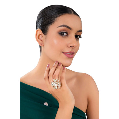 Auraa Trends Gold Finish Kundan Polki Floral Moissanite Ring