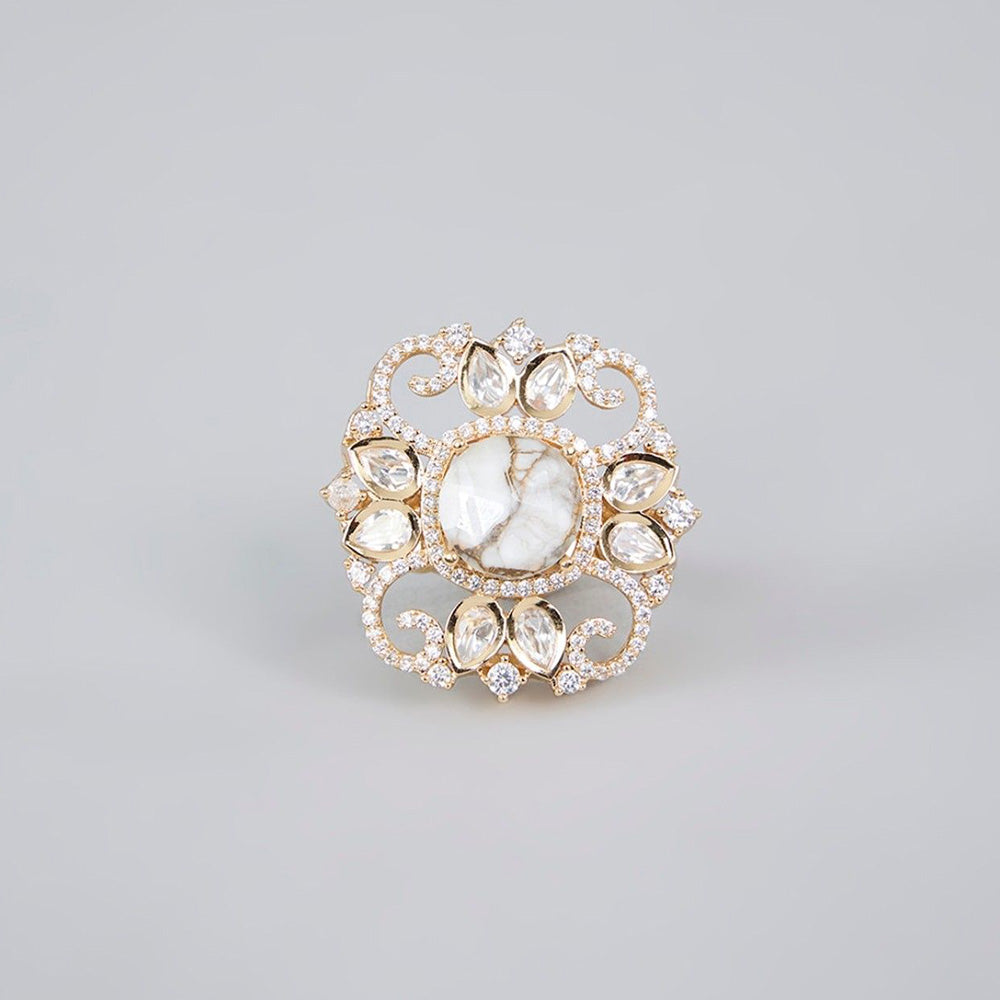 Auraa Trends Gold Finish Kundan Polki Floral Moissanite Ring