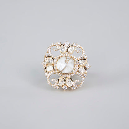 Auraa Trends Gold Finish Kundan Polki Floral Moissanite Ring