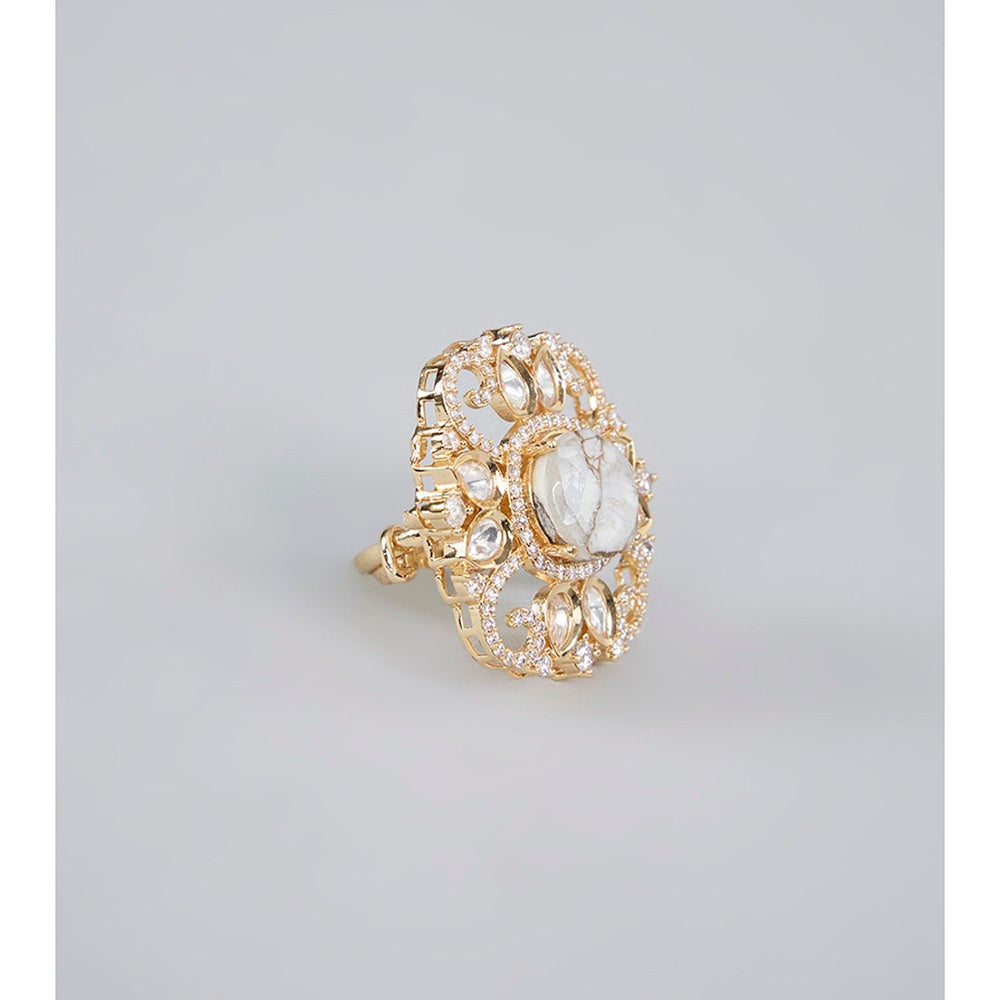 Auraa Trends Gold Finish Kundan Polki Floral Moissanite Ring