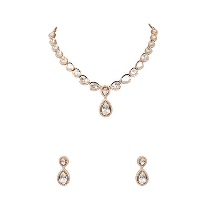 Auraa Trends White Gold Finish Kundan Polki and Pearl Necklace & Earrings Set