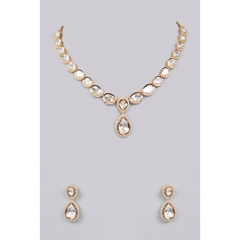 Auraa Trends White Gold Finish Kundan Polki and Pearl Necklace & Earrings Set