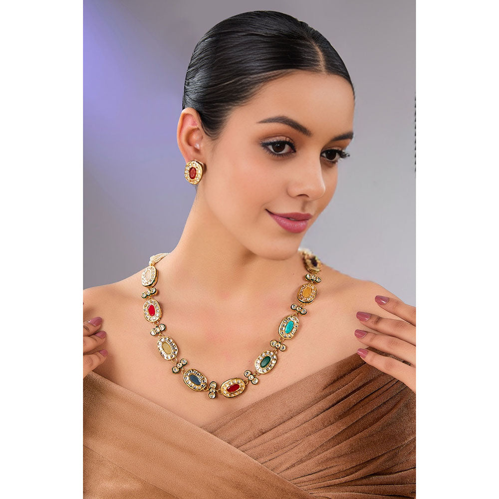 Auraa Trends Gold Finish Multi-Colored Gemstone Necklace & Earrings Set