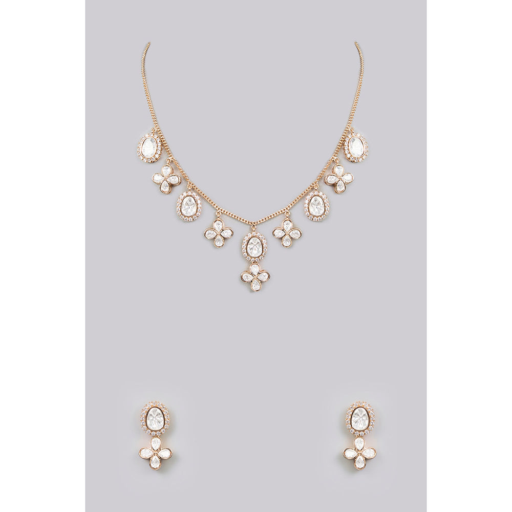 Auraa Trends White Gold Finish Kundan Polki and Pearl Floral Necklace & Earrings Set