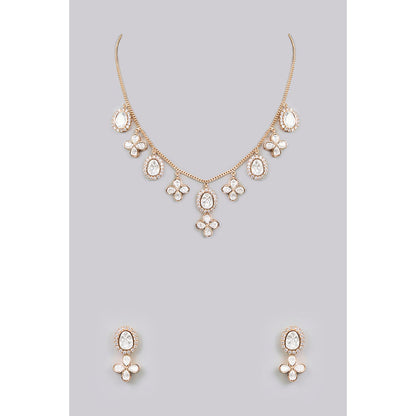 Auraa Trends White Gold Finish Kundan Polki and Pearl Floral Necklace & Earrings Set