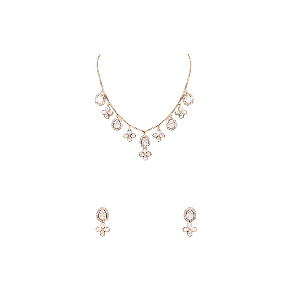 Auraa Trends White Gold Finish Kundan Polki and Pearl Floral Necklace & Earrings Set