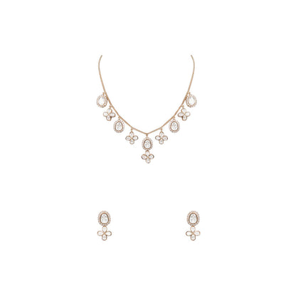 Auraa Trends White Gold Finish Kundan Polki and Pearl Floral Necklace & Earrings Set