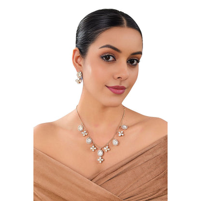 Auraa Trends White Gold Finish Kundan Polki and Pearl Floral Necklace & Earrings Set