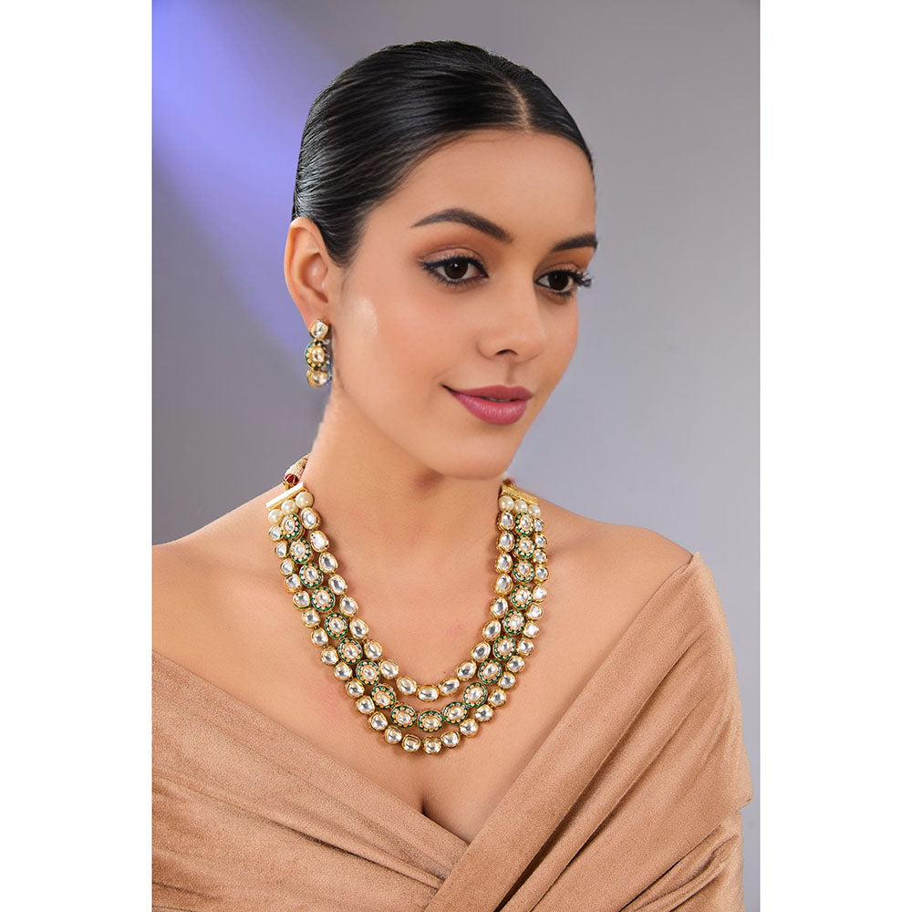 Auraa Trends White Gold Finish Uncut Kundan Polki Layered Necklace & Earrings Set