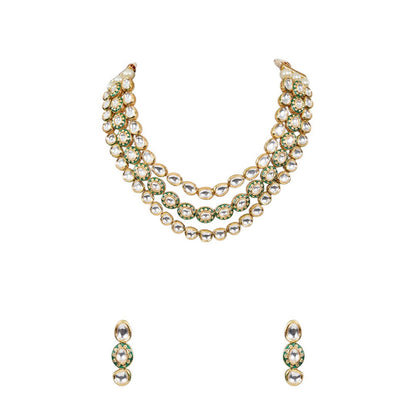 Auraa Trends White Gold Finish Uncut Kundan Polki Layered Necklace & Earrings Set