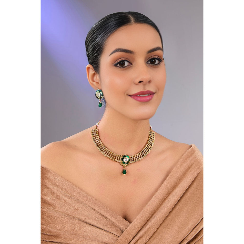 Auraa Trends Multi-Color Antique Gold Finish Kundan Polki and Green Stone Necklace & Earrings Set