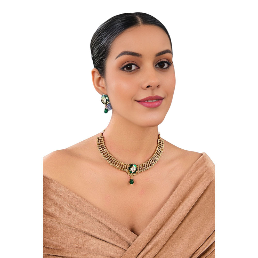 Auraa Trends Multi-Color Antique Gold Finish Kundan Polki and Green Stone Necklace & Earrings Set